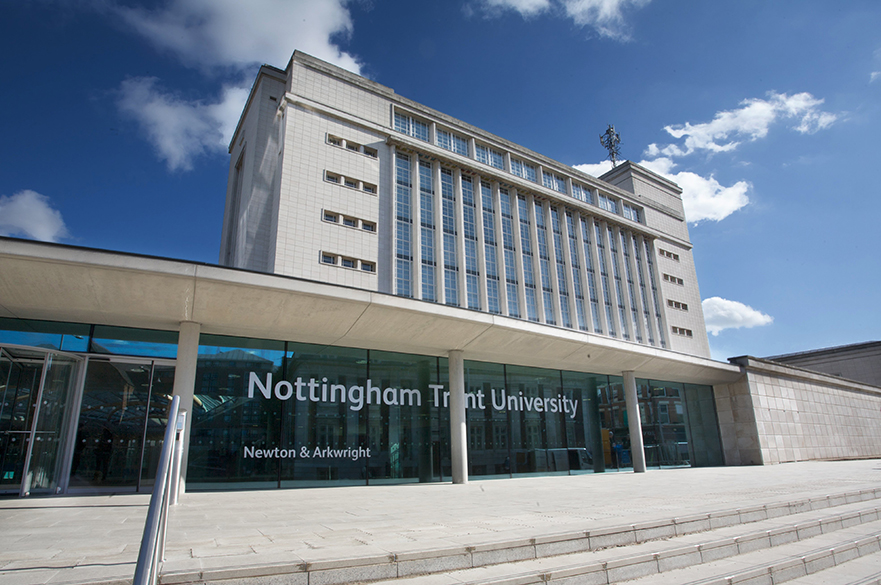 The front of NTU's Newton building on a sunny day.