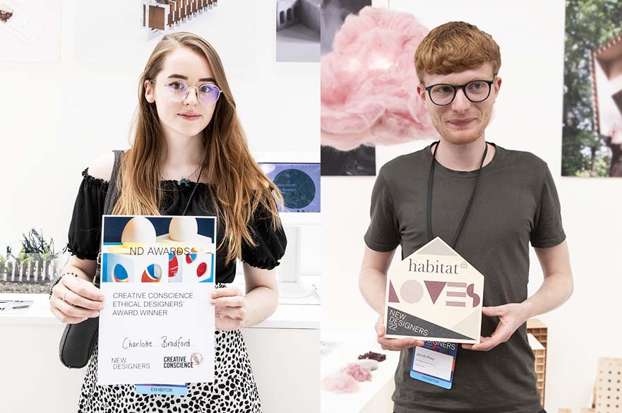 Charlotte Bradford and Jacob Riley stand with their award wins at New Designers 2022