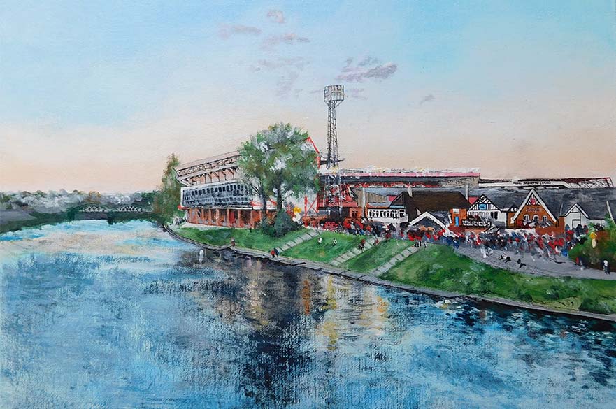 A painting of Nottingham Forest's stadium, the City Ground