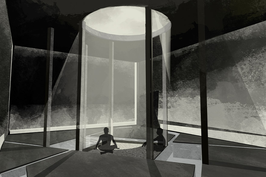 Render of student work displaying a sanctuary and someone meditating in it.