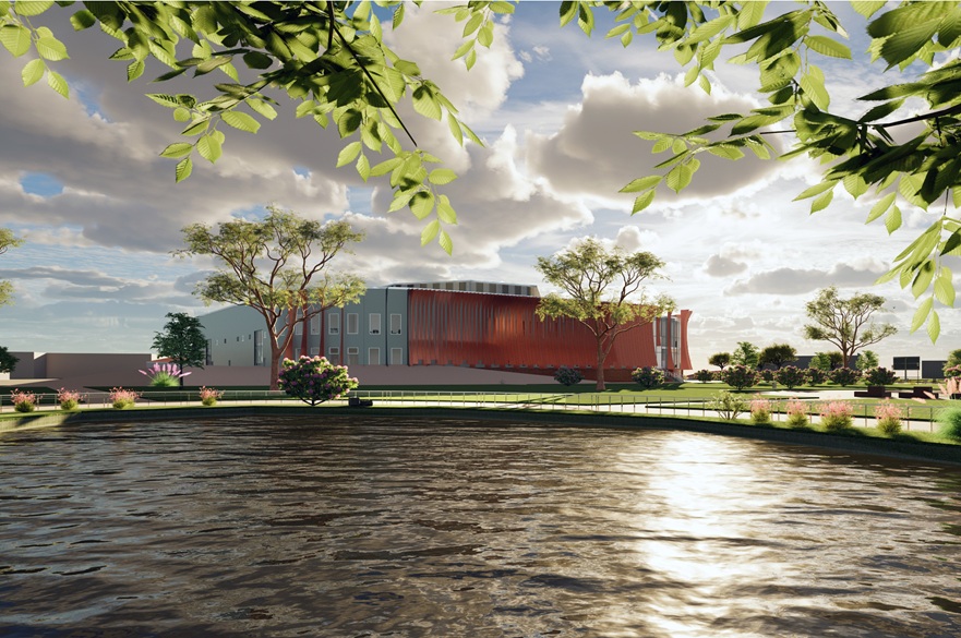 A visualisation of a sports centre building. The building in sunlight and there are trees, grass hills and a pond.