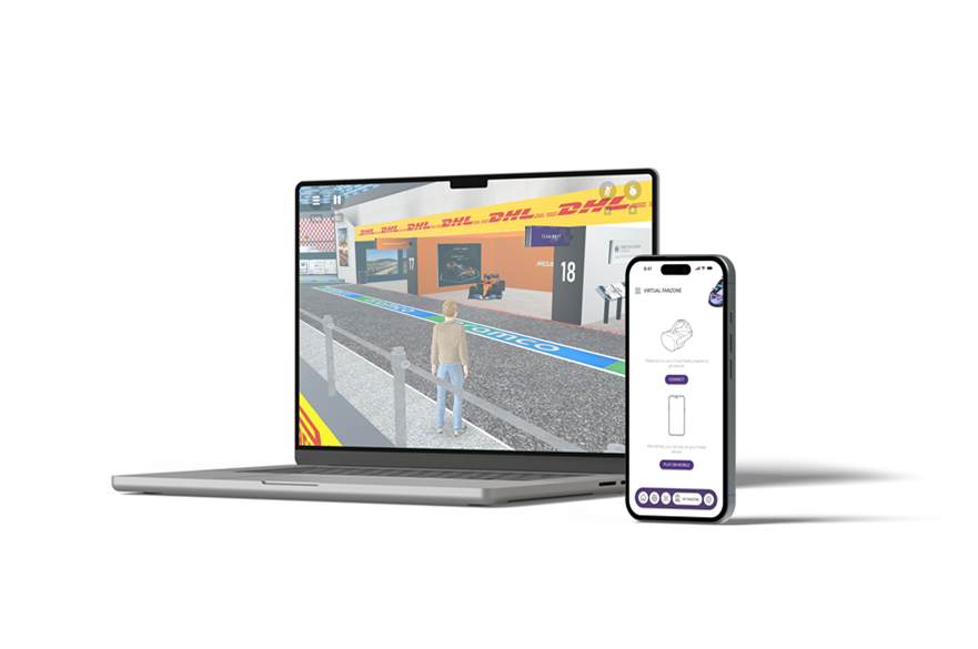 A laptop and a mobile phone next to each other on a white surface. Each screen shows a page from an app.