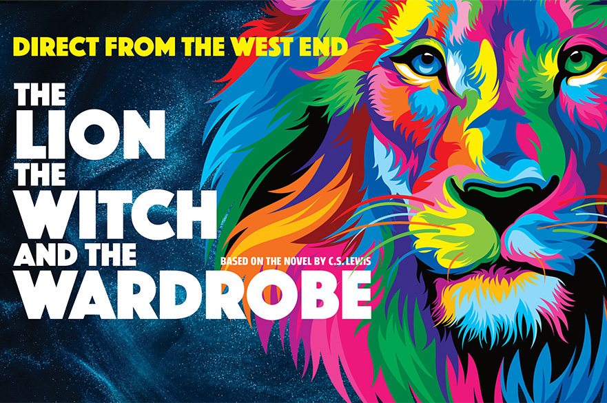 A vibrant colourful illustration of a lion's face with a rainbow of colours with text the lion, the witch and the wardrobe.