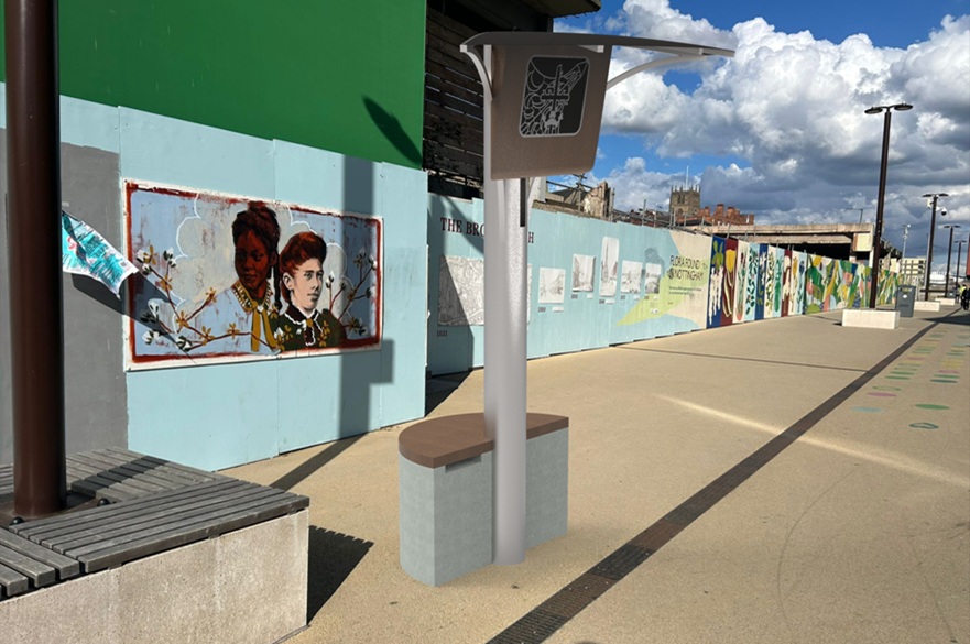A designer's render of a device to reduce noise disruption from street performances.