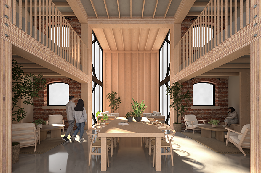 Architect's render of the interior of a building designed as a music performance space for students.