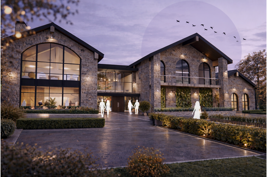 An architecture student's design for a wellness centre. It is night time and people are walking in and out of the building.