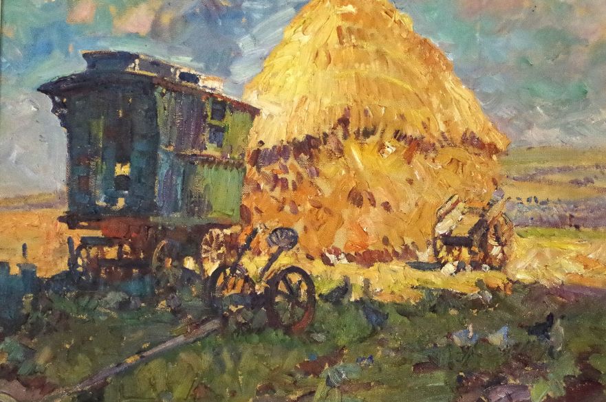 A painting of a wagon in front of a building made of hay in the countryside.