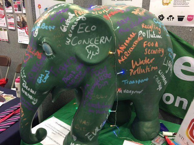 Green elephant with eco concerns written on it