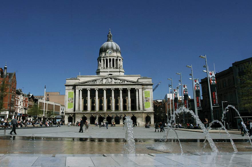 View of Council House from behind the founntains in Nottingham's Old Market Square