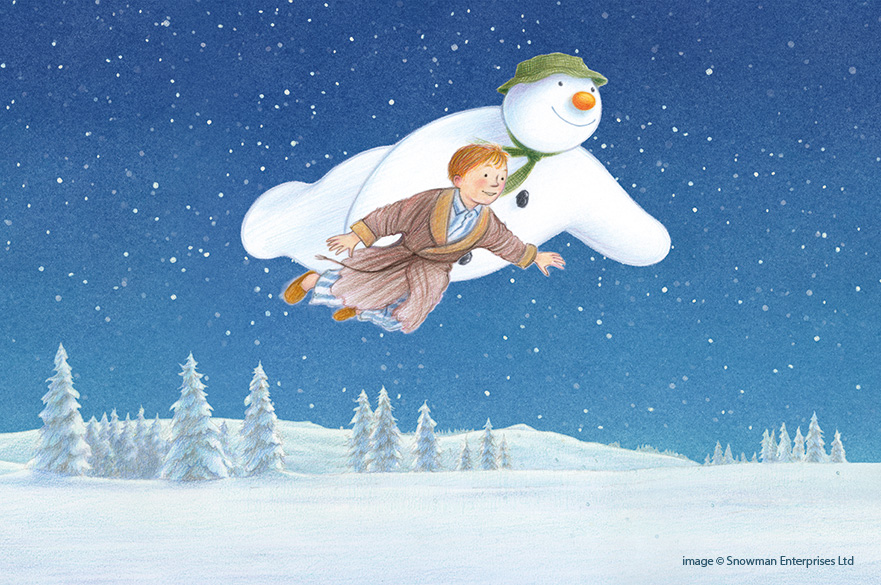 An illustration from Raymond Brigg's book, of the Snowman flying through a night sky with a young boy.