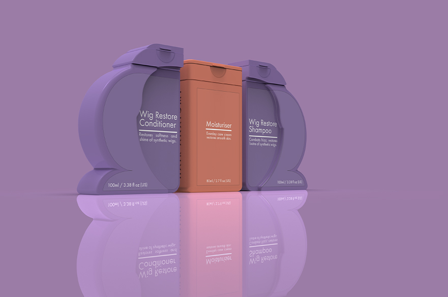 Render of purple and orange shampoo and conditioner bottles