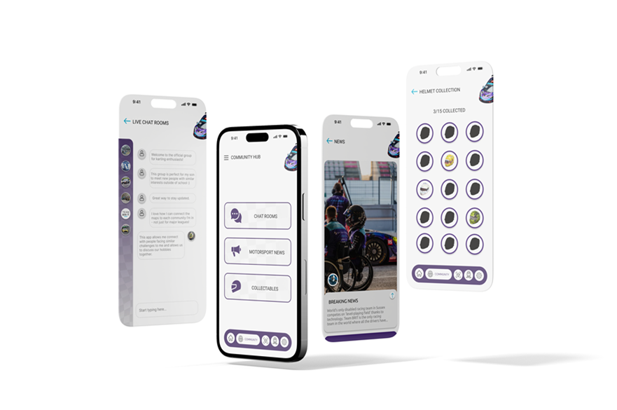 Four different phones displaying a different page from a mobile app.
