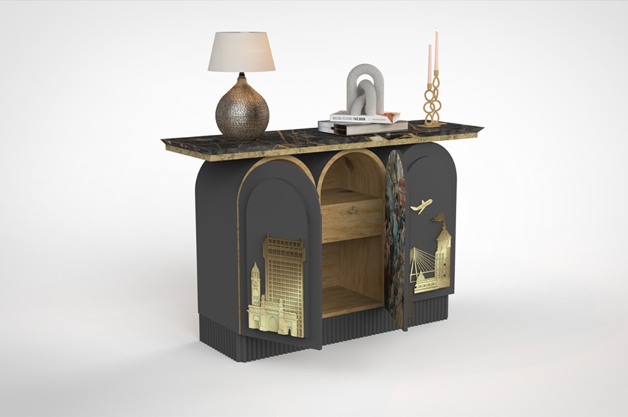 A table viewed from the side with items including a lamp on top of it.