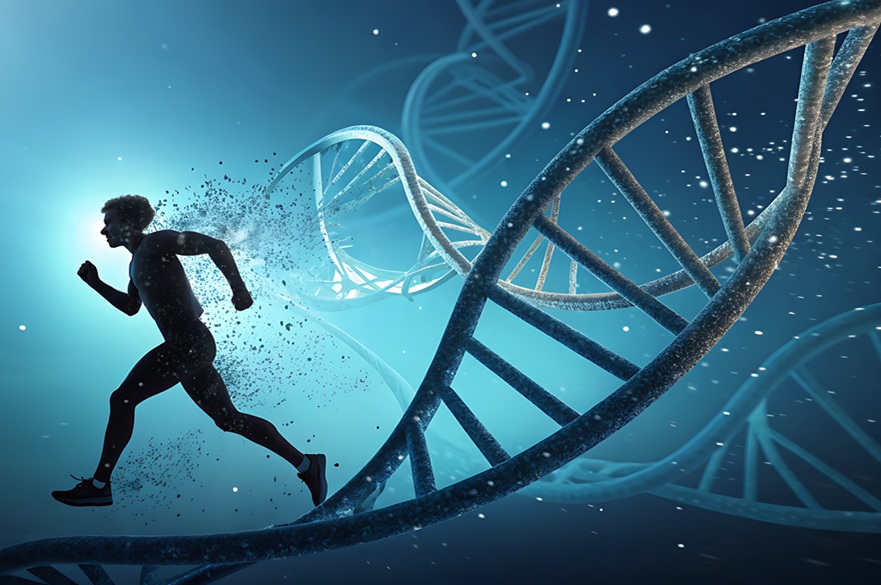 A visual of a man running with DNA strands behind him, the image embodies the intersection of sports and genetic testing