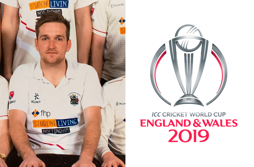 NTU Student Tom Allen sat with logo of the Cricket World Cup side by side
