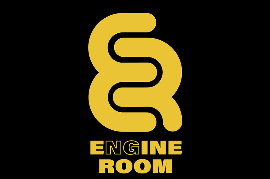 Engine room in yellow font against a black ground. 