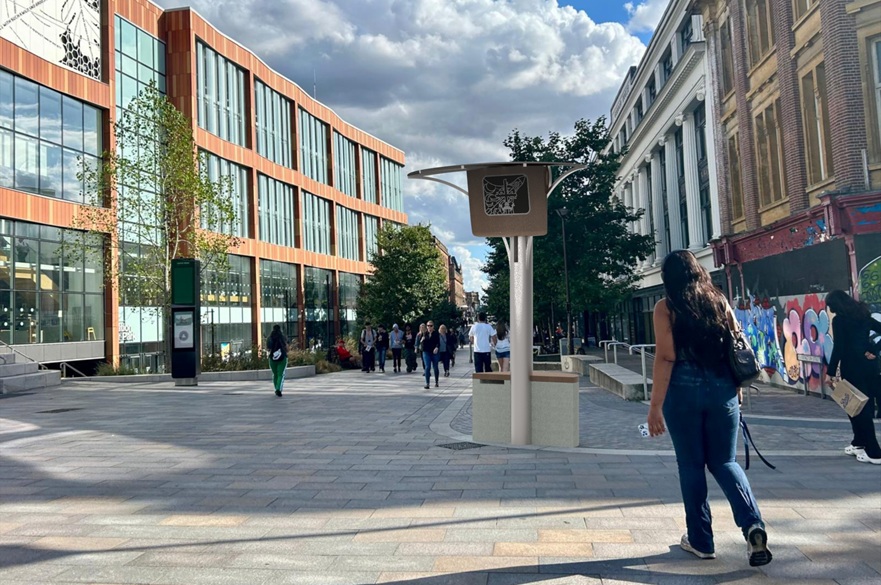 A designer's render of a noise control project positioned on a post in a street.