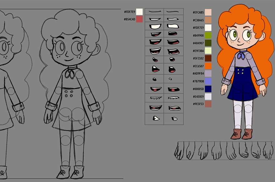Character design sheet showing a cartoon girl with orange hair, facial expressions, hand poses and colour palette used for 2D animation.