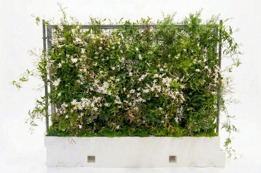 A person adding foliage to a block of temporary construction site fencing using hedgerow.