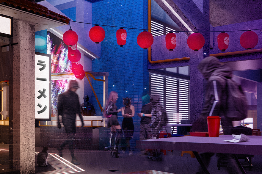 An architecture student's render of a futuristic city based in a former multi-storey carpark.