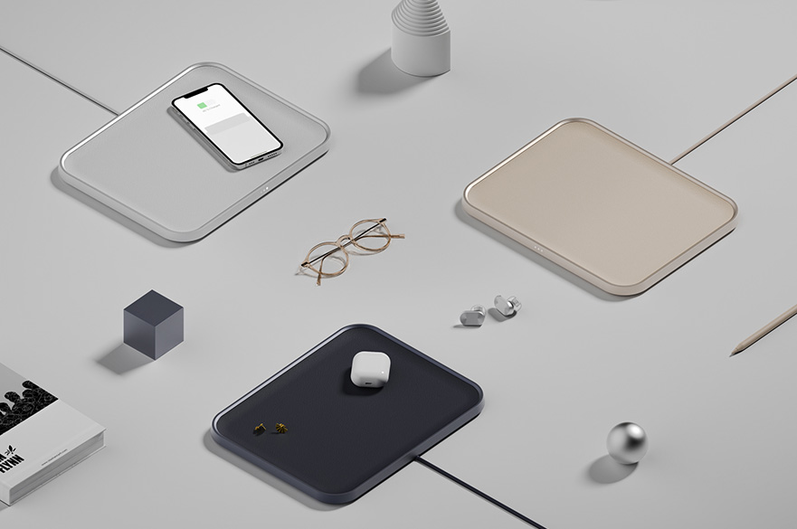 computer generated images of an iphone and a pair of glasses on a grey background