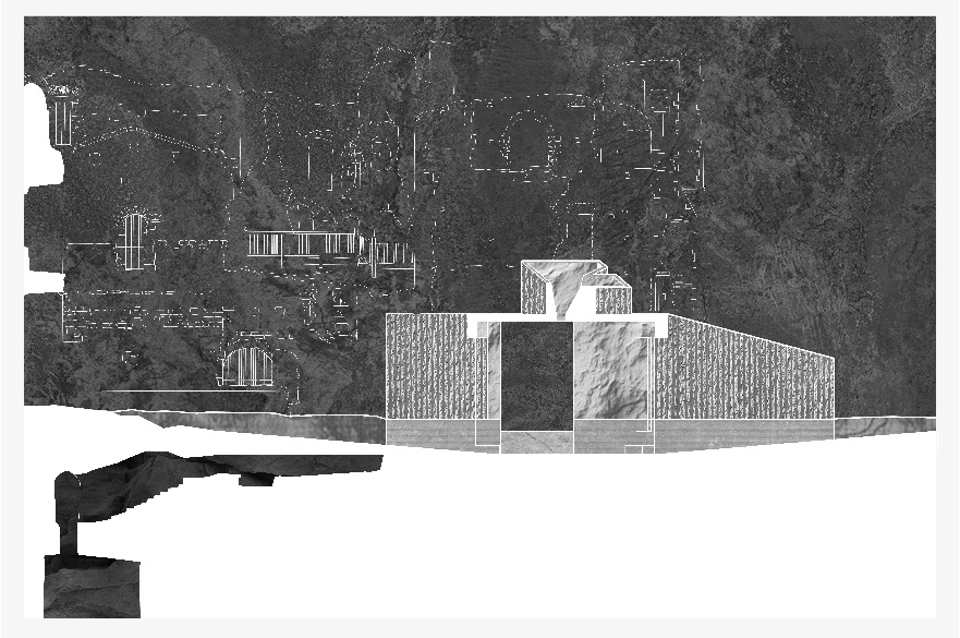 An architect's drawing of a building's north section. It is a new extension built on to an existing old castle.
