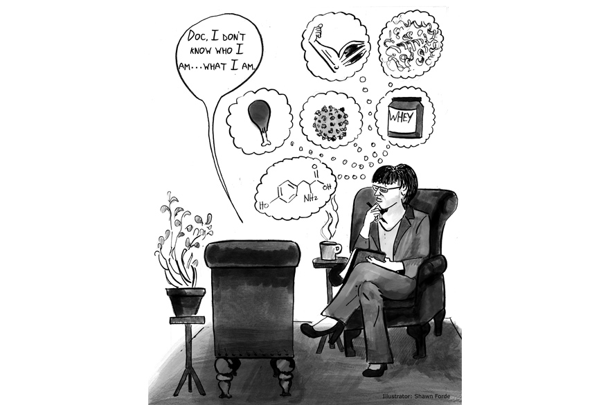 a therapist is faced with existential questions about protein’s ‘true character’ and ponders various possibilities, including a drumstick, a flexed bicep, a tangle of DNA, a tub of whey powder, a molecule and a chemical formula. 