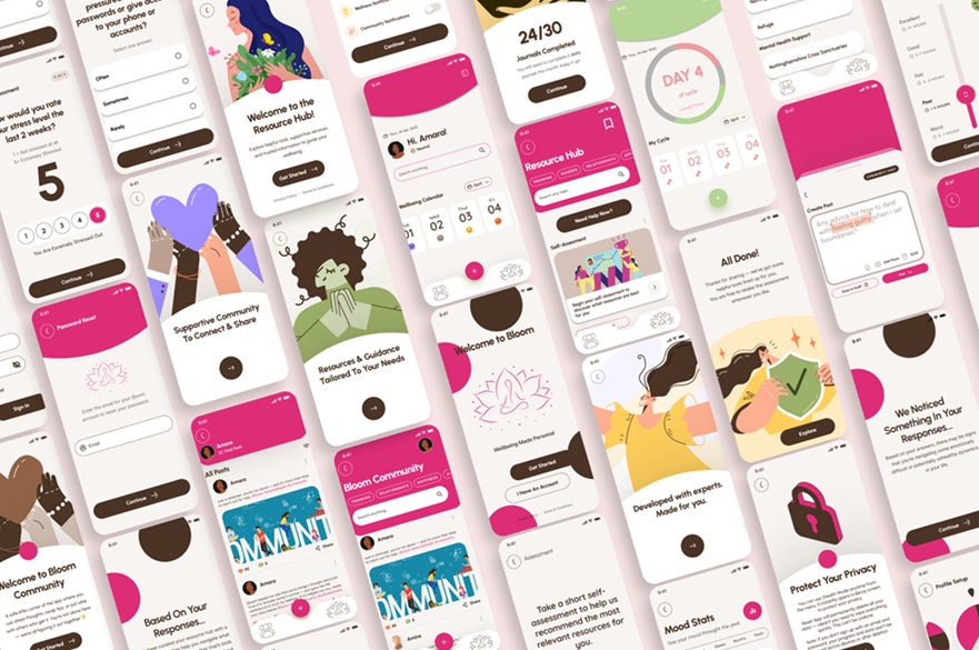 Multiple different screens within a wellbeing app shown on mobile devices.