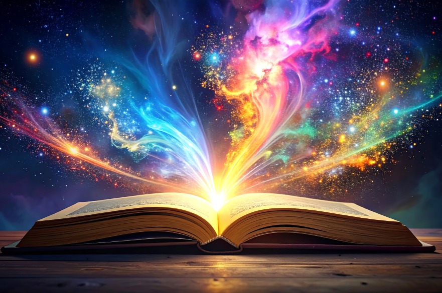 An open book with colourful shapes coming out of it.