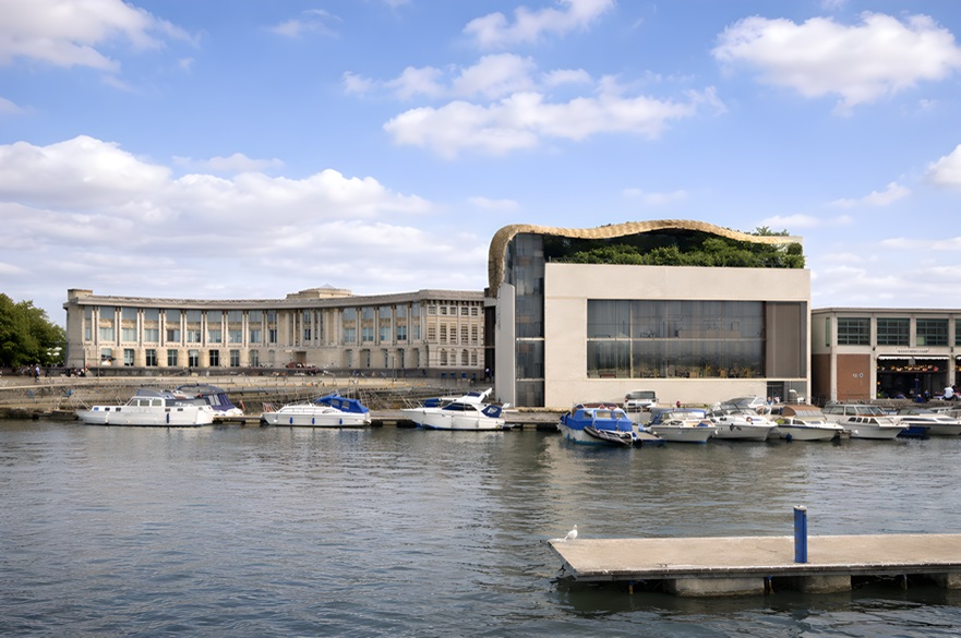 An architect's render of their waterside gallery building as seen from the quayside.