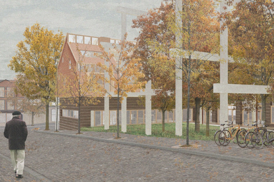 An architecture student's drawing showing the exterior of their building. A person is walking on the road outside it.