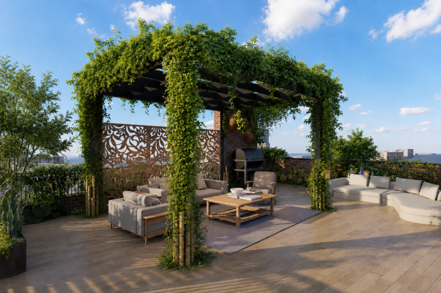 An architecture student's render of a rooftop garden area, showing seating under a pergola covered with greenery.