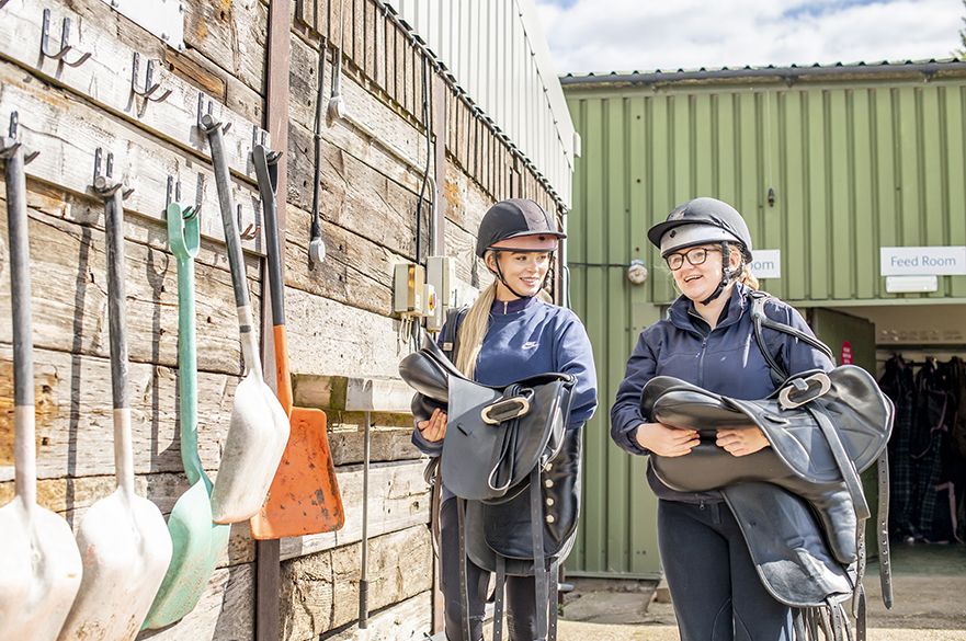 Students walking round equine yard