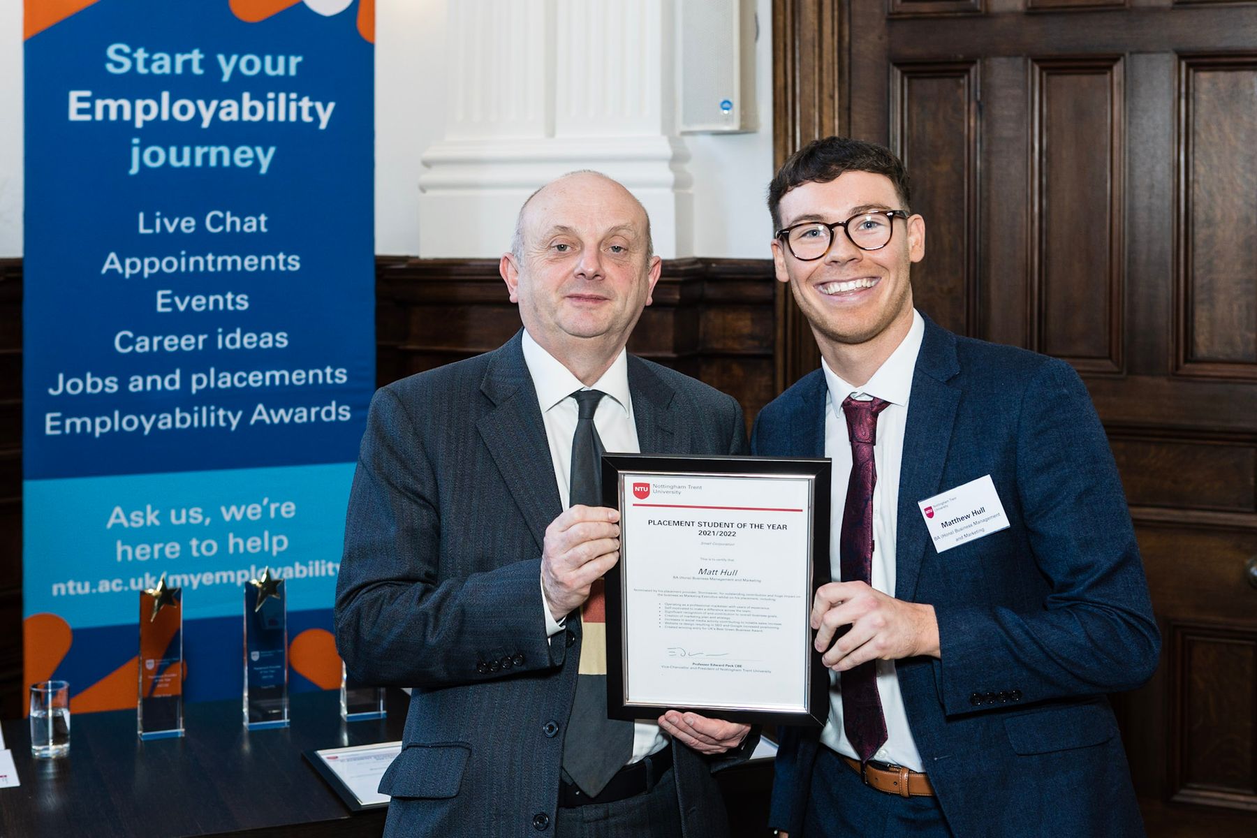 Matthew Hull receiving Placement Student of the Year Award