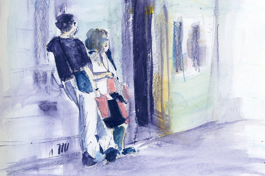 A sketch of two people outside a building.