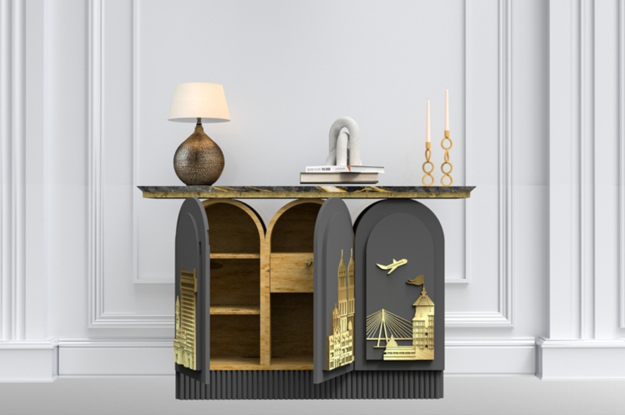 A render of a console table with an ornate design. There are items on top of the table.