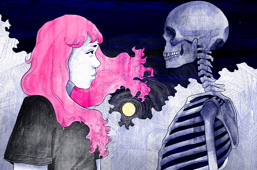 The artwork features a person with vibrant pink hair facing a skeleton.