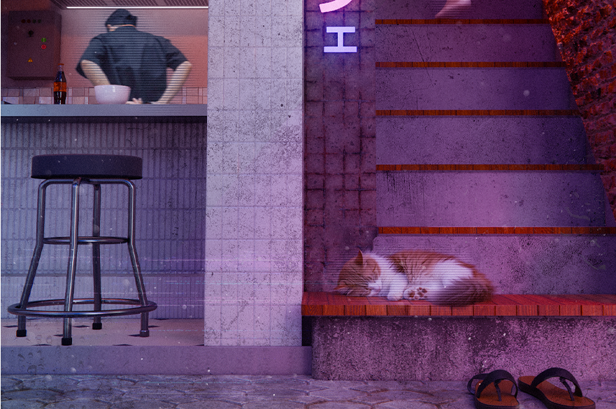 A render of a futuristic city. A cat is sleeping on a ledge. A cook at a street food counter has his backed turned.