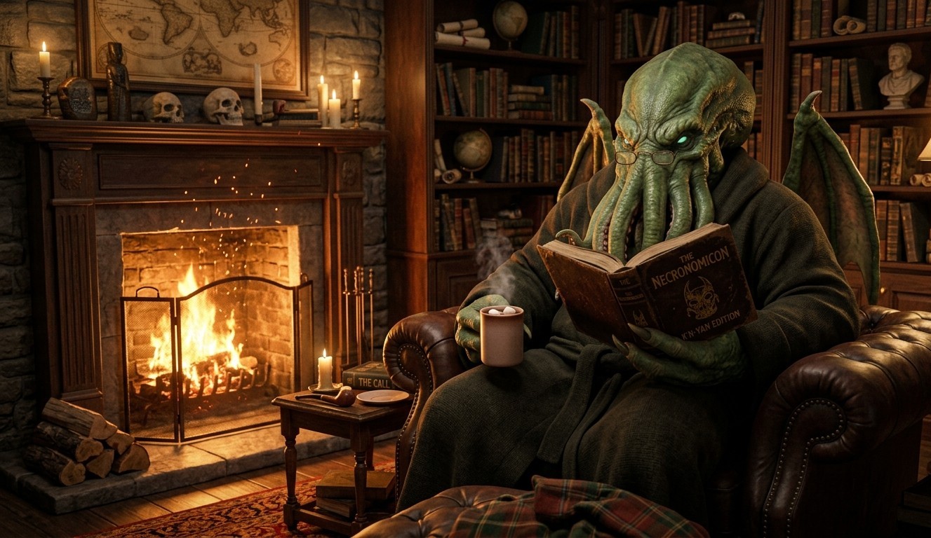 Monster by the fire reading a book