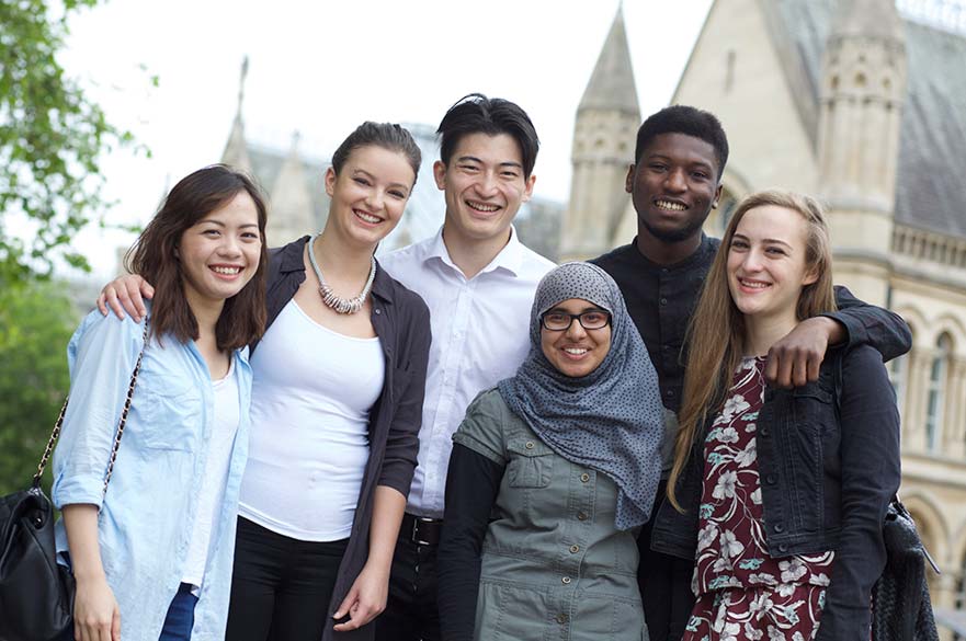 A group of international students outside NTU's Arkwright Building