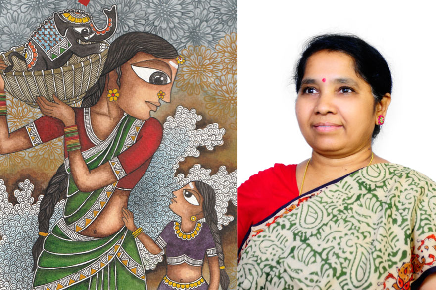 An illustration of an Indian woman carrying a basket with a small child. On the right is a photo of a woman smiling, wearing a sari.