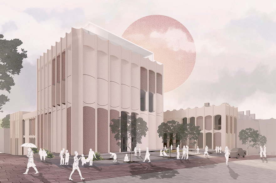Render of a building with silhouettes of people walking in front of it.
