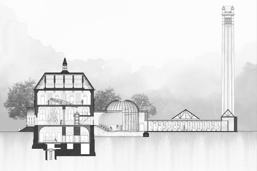 An architect's drawing depicting the exterior of a building.