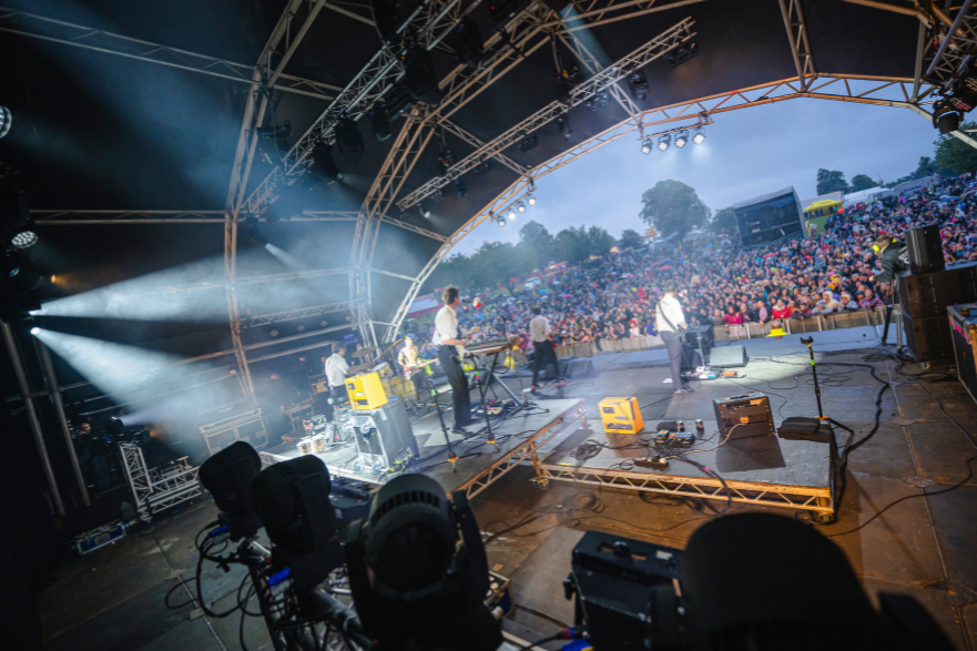 Band playing on stage to a big crowd