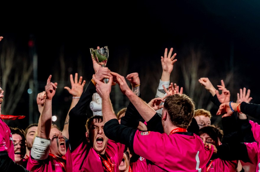 The Lacrosse Men's 1st Team lifting up the trophy and celebrating after winning the National Title at BUCS Big Wednesday