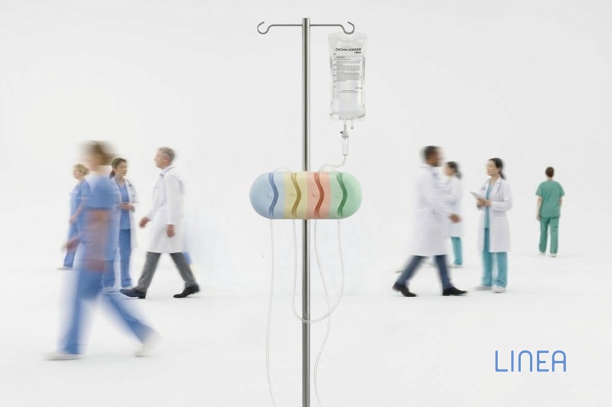 A composite promotional image showing a stand with medical catheter attached to hook and multiple tubes coming out linked to colour coded attachment. Medical professionals pass by in the background, suggesting a busy hospital environment.