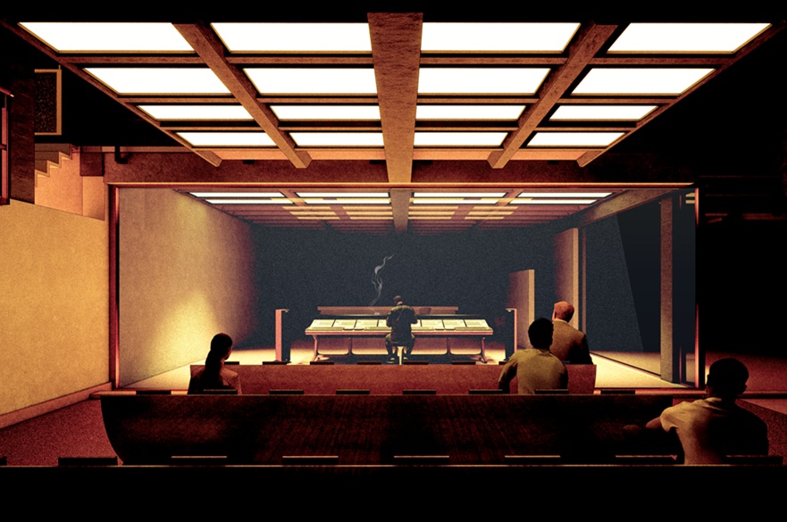 An architect's render of a building interior.