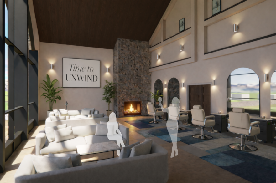 An architect's render of the interior of a wellness centre. There is an open hearth fireplace, big windows, people doing exercises.