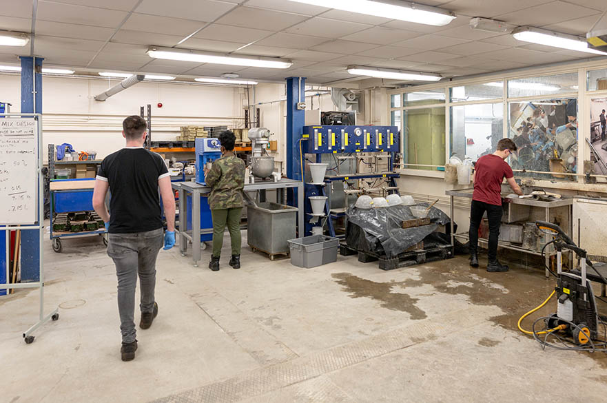 Students working in the concrete laboratory, Maudslay workshops