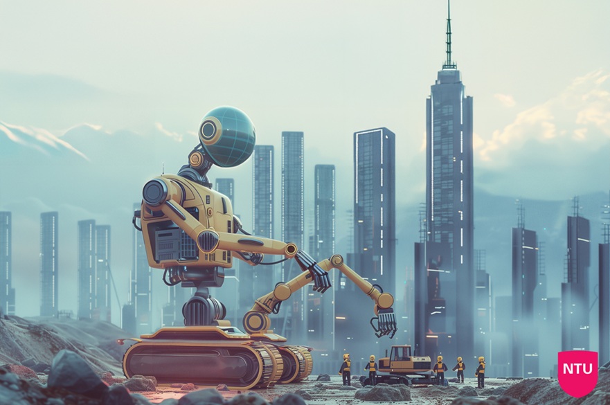 A futuristic scene depicting a giant robot on traction wheels with digging claw and humanoid features on a building site while a group of people in construction high vis and protective headwear look on. There are skyscrapers in the background.
